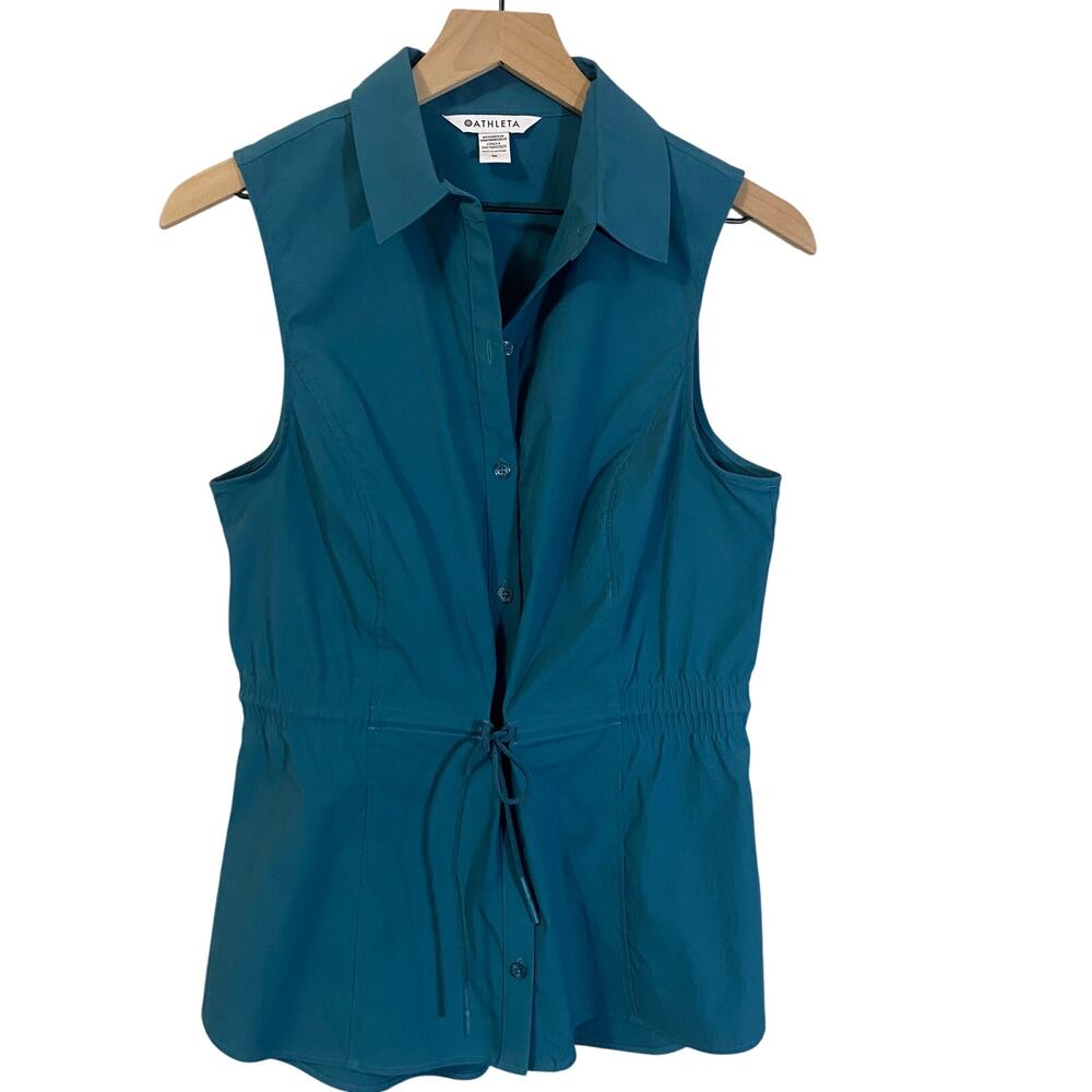 Athleta Teal Levitate Poplin Tank Sleeveless Blouse Shirt Gathered Collared Sz M